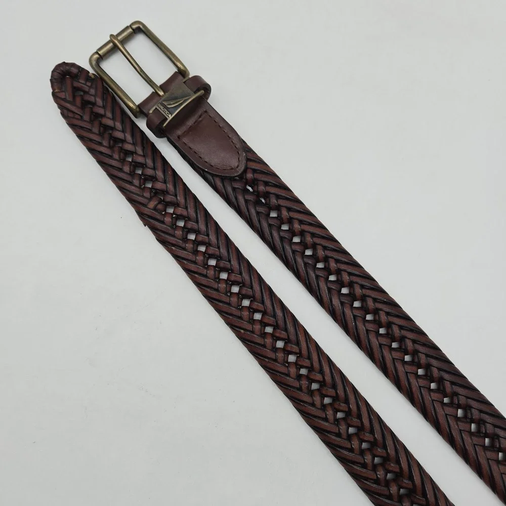 Nautica Braided Belt Brown Leather Mens 34 Bronze Buckle New